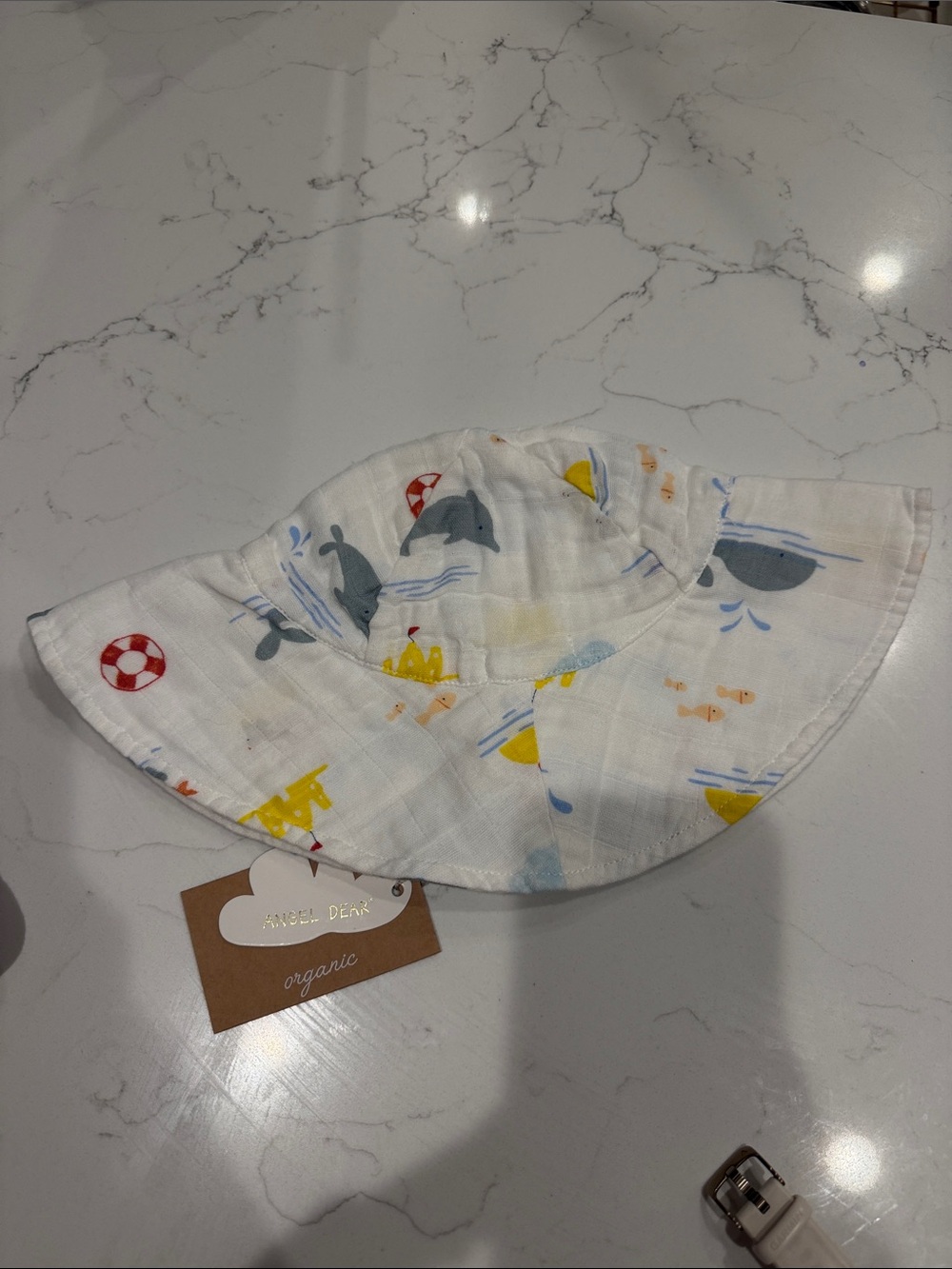 Angel Dear White Baby Sun Hat with Nautical Dolphin & Yellow Boat Print